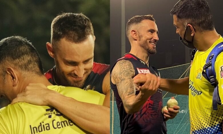 MS Dhoni and Faf du Plessis catch up during practice before IPL 2022