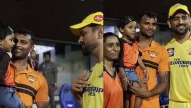"Melts my heart whenever I see such videos, what a gem he is", Twitter reacts to the video of MS Dhoni interacting with T Natarajan's daughter after the game between CSK and SRH in IPL 2023
